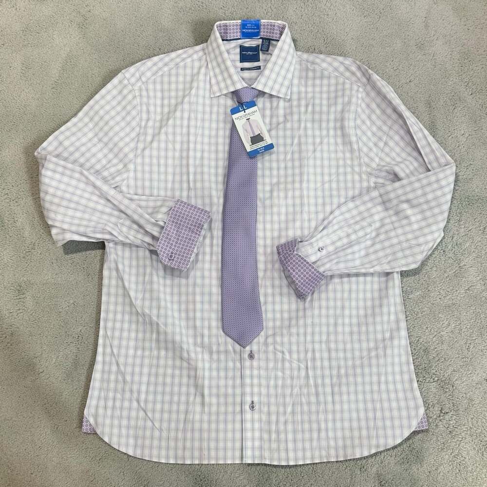 Nick Graham Men's Performance Cotton Check Stretch Dress Shirt and Tie Set NWT